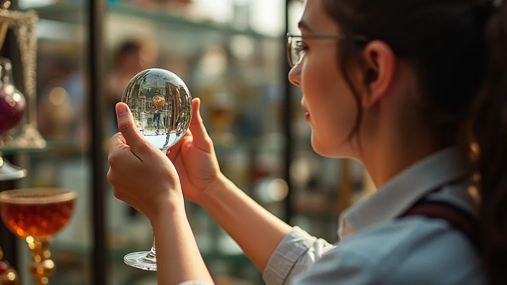 Person examining a carnival glass piece at an antique fair