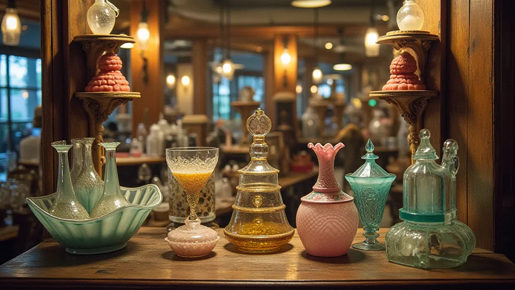 Carnival glass for sale in an antique store