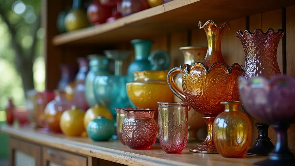 A collection of different carnival glass pieces, showcasing a variety of colors and patterns.
