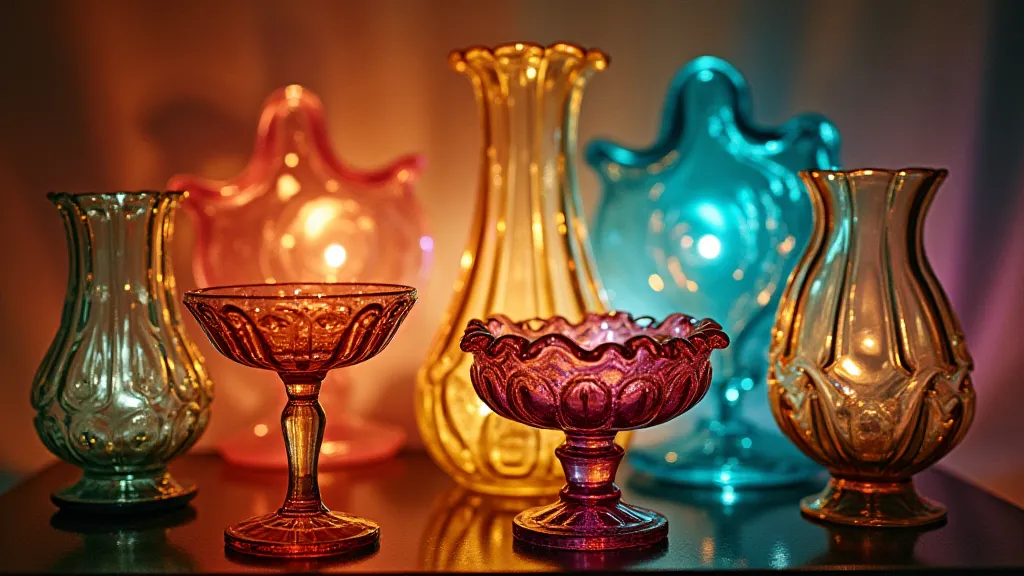 A collection of vibrant carnival glass pieces displayed on a softly lit shelf