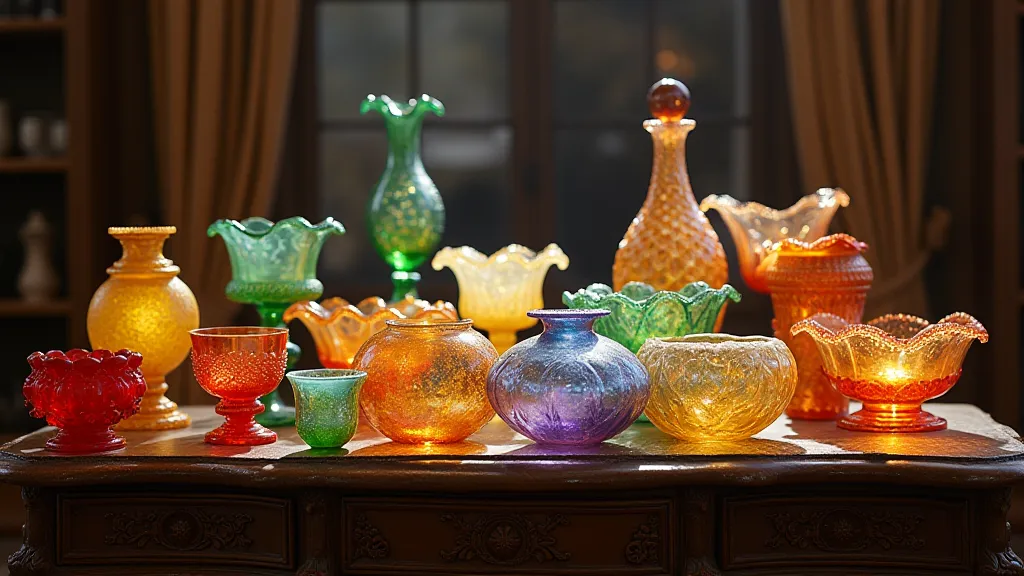 Various carnival glass pieces with iridescence
