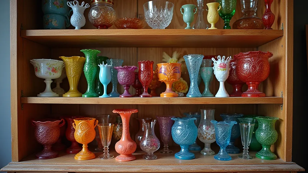 Various carnival glass pieces in a vintage cabinet