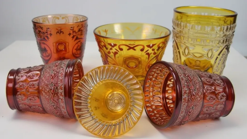 Carnival glass pieces with the 'Rose' pattern