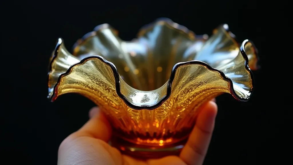Carnival glass slag highlighted against a dark background