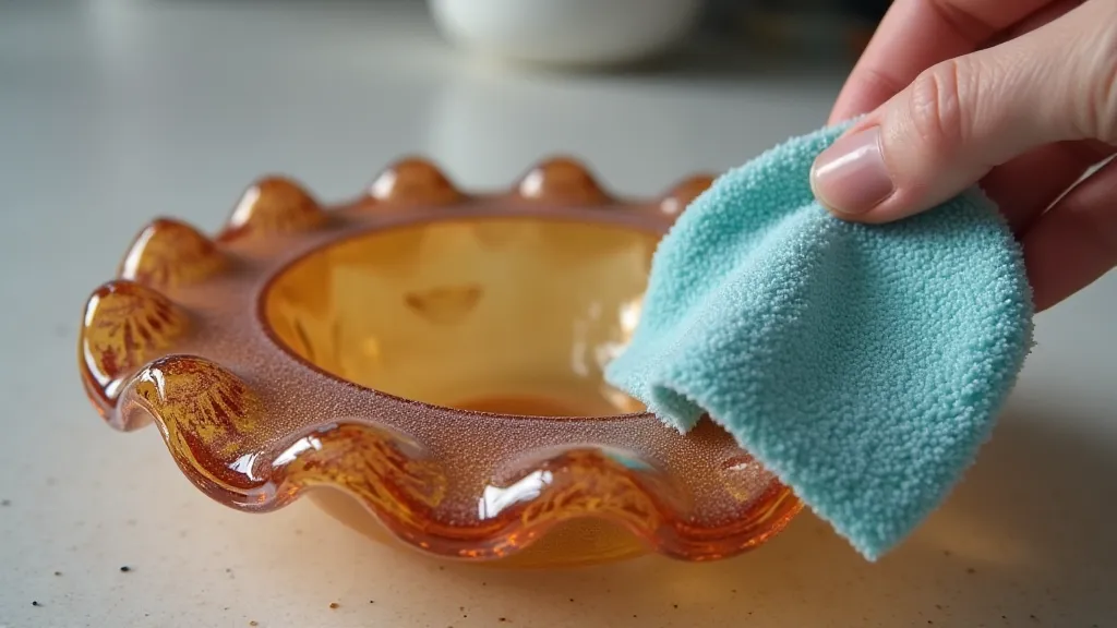 Carnival glass piece being gently dusted with a microfiber cloth