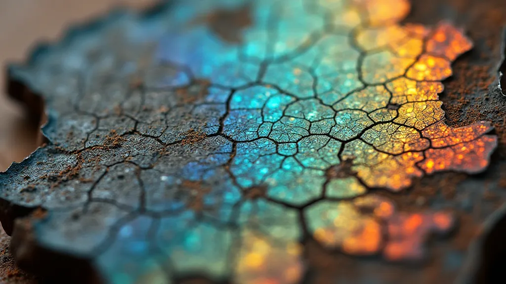 Heavily weathered iridescent glass with rainbow sheen