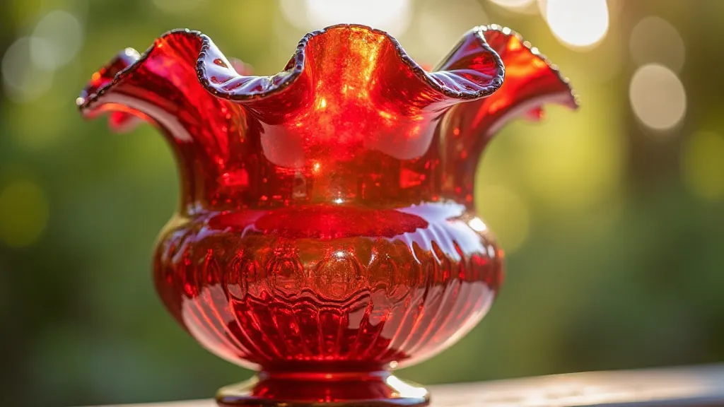 A beautiful example of Ruby Stain carnival glass, with a deep red and orange hue.