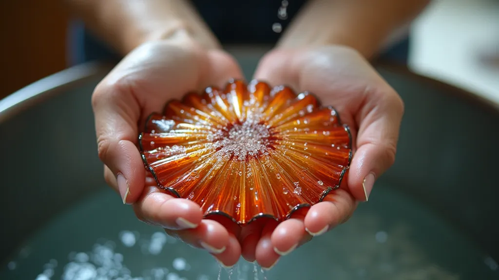 Close-up of hands gently washing carnival glass piece in lukewarm water