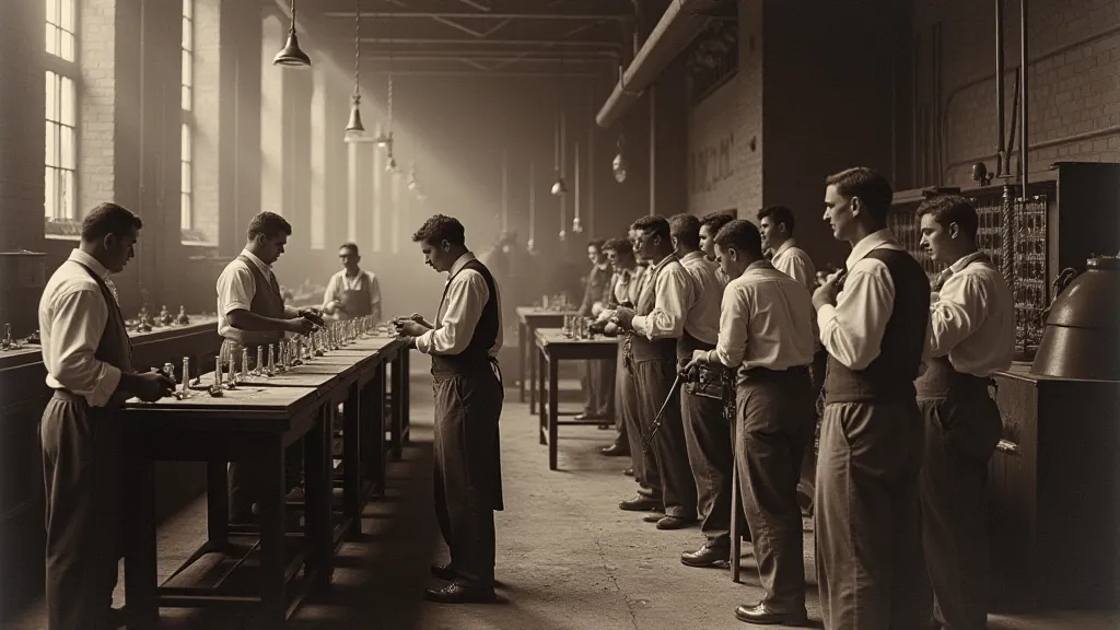Vintage photograph of workers at a Whitefriars glass factory